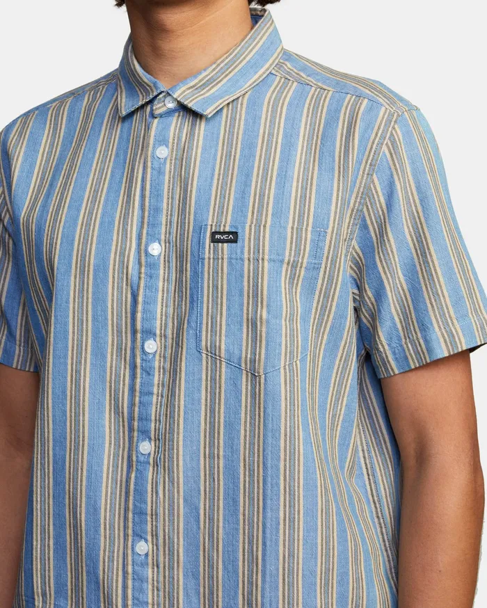 RVCA Mens Shirts Harbour Stripe Short Sleeve Shirt Denim Den Casaul
