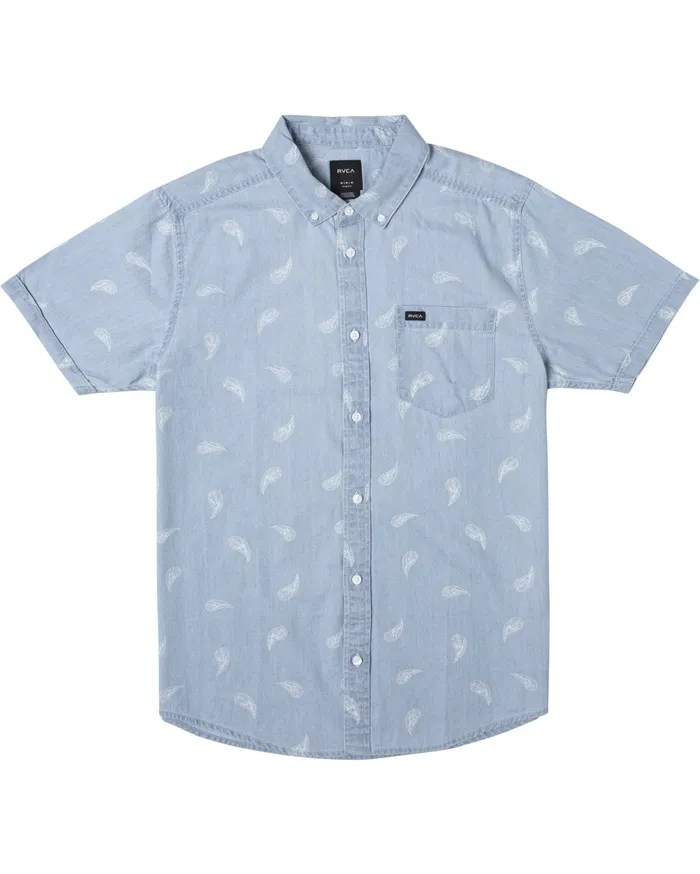 RVCA Mens Shirts Hastings Floral Short Sleeve Shirt Washed Denim Wad Cheap On Sale