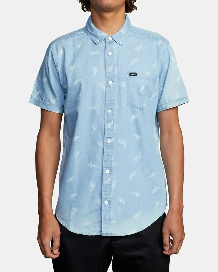 RVCA Mens Shirts Hastings Floral Short Sleeve Shirt Washed Denim Wad Cheap On Sale