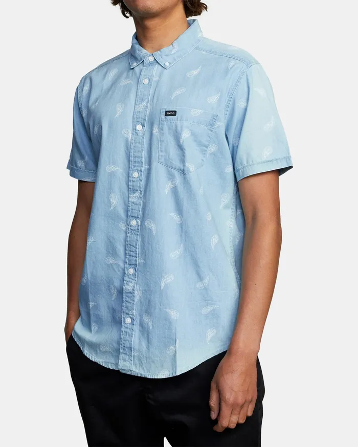 RVCA Mens Shirts Hastings Floral Short Sleeve Shirt Washed Denim Wad Cheap On Sale