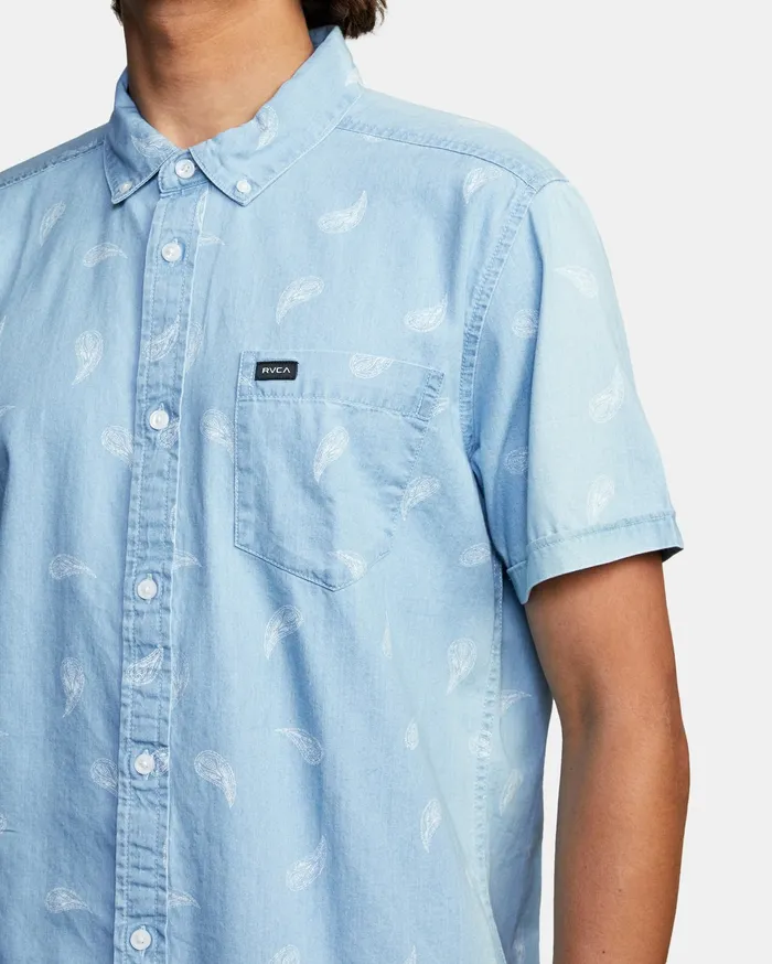 RVCA Mens Shirts Hastings Floral Short Sleeve Shirt Washed Denim Wad Cheap On Sale