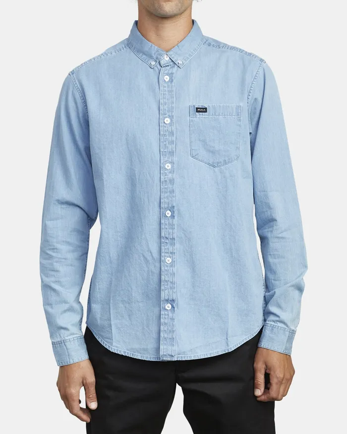 RVCA Mens Shirts Hastings Long Sleeve Shirt Denim Den For Sale