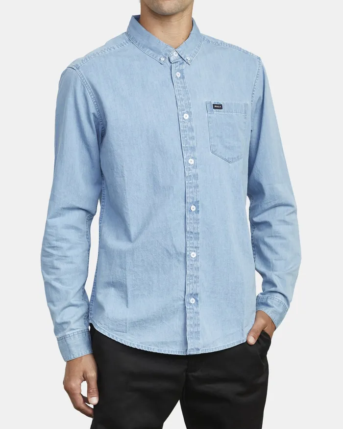 RVCA Mens Shirts Hastings Long Sleeve Shirt Denim Den For Sale
