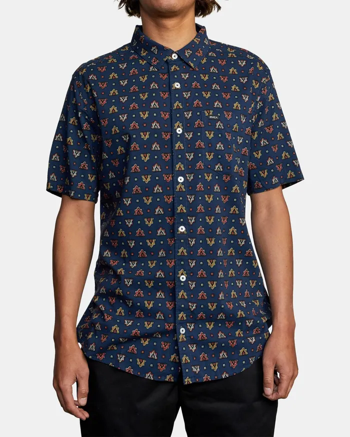 RVCA Mens Shirts La Fleur Short Sleeve Shirt Navy Marine Myv On Sale