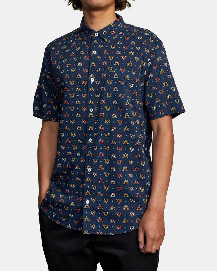 RVCA Mens Shirts La Fleur Short Sleeve Shirt Navy Marine Myv On Sale