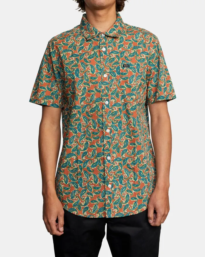 RVCA Mens Shirts Mind Flower Paisley Short Sleeve Shirt Clay Cly For Sale