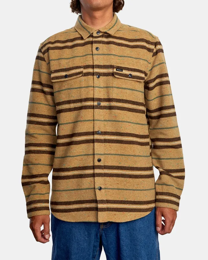 RVCA Mens Shirts Rvca Blanket Long Sleeve Shirt Dark Khaki Dkh On Sale