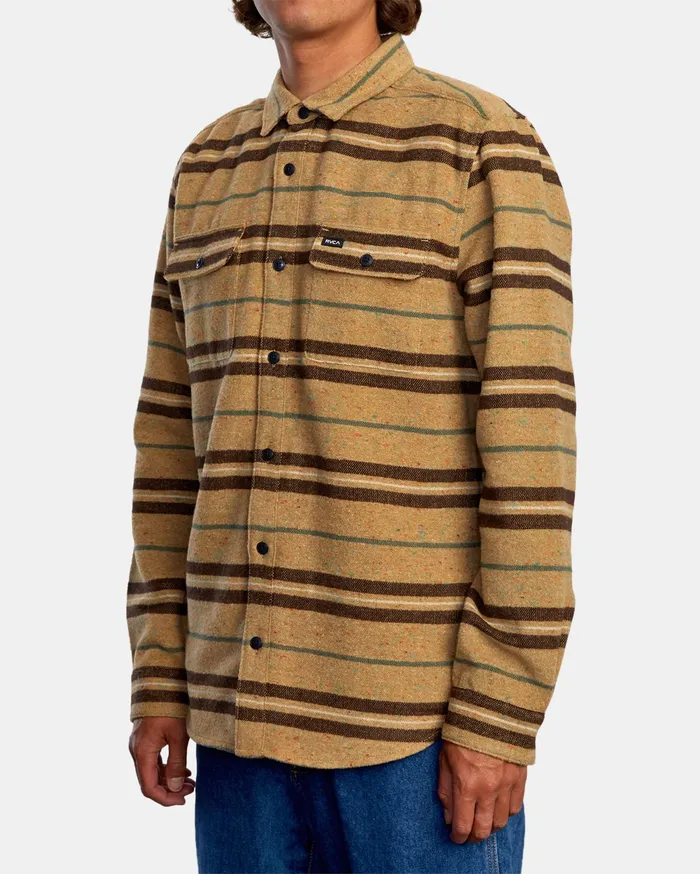 RVCA Mens Shirts Rvca Blanket Long Sleeve Shirt Dark Khaki Dkh On Sale