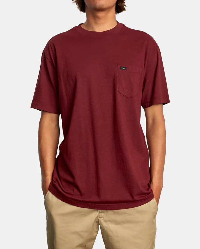 RVCA Mens Short Sleeves Solo Label Pigment Dye Short Sleeve Tee Cranberry Crn