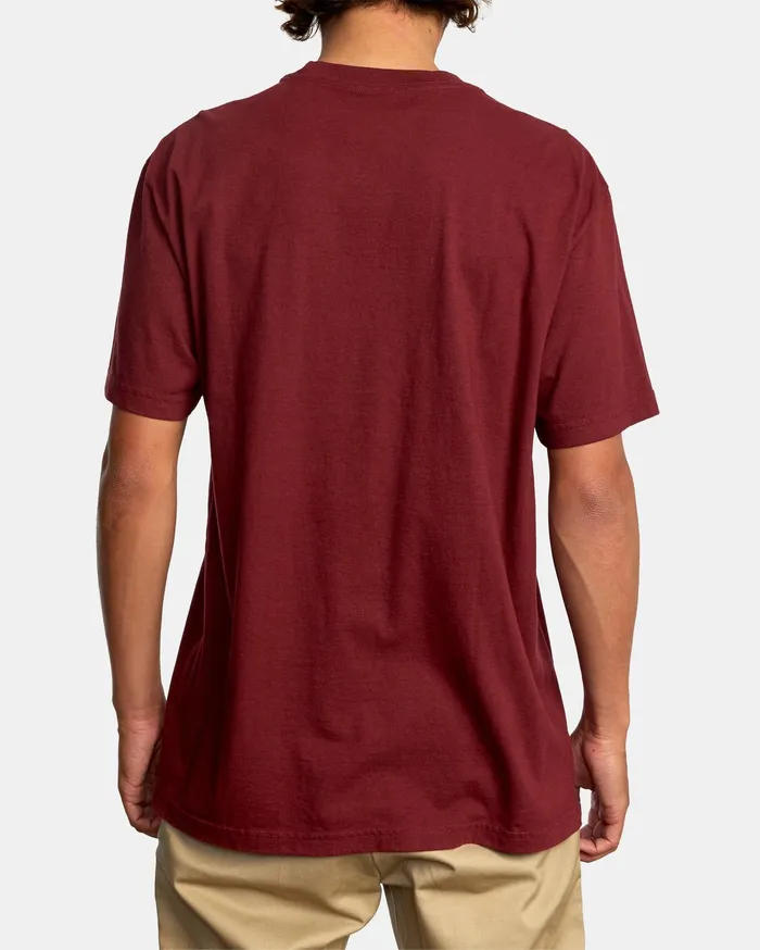 RVCA Mens Short Sleeves Solo Label Pigment Dye Short Sleeve Tee Cranberry Crn