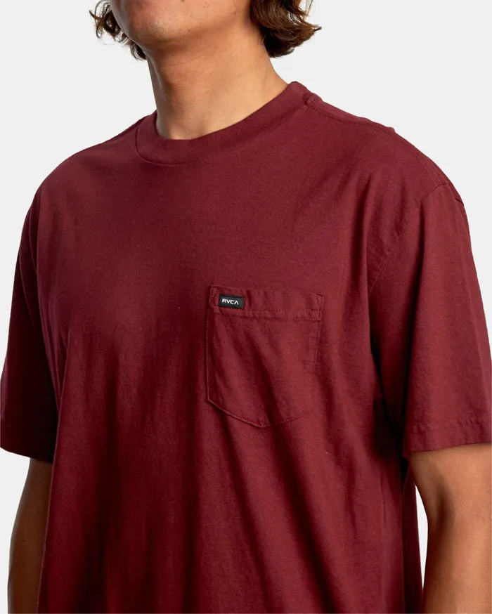 RVCA Mens Short Sleeves Solo Label Pigment Dye Short Sleeve Tee Cranberry Crn