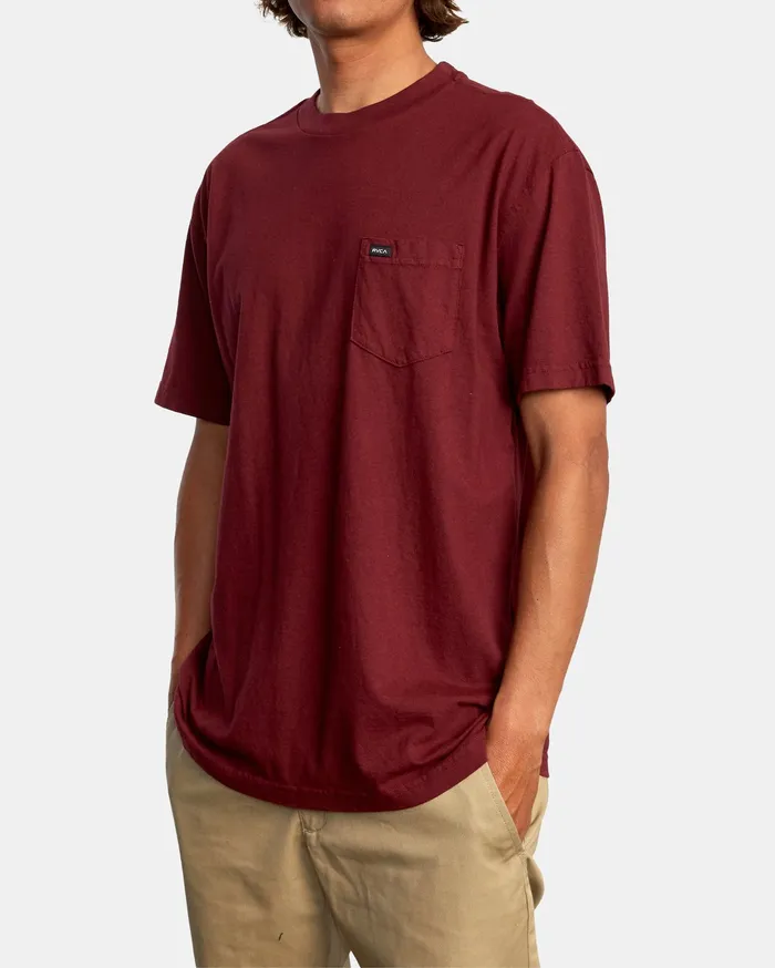 RVCA Mens Short Sleeves Solo Label Pigment Dye Short Sleeve Tee Cranberry Crn