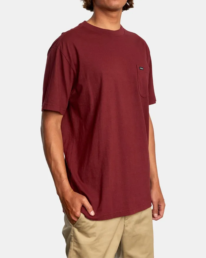 RVCA Mens Short Sleeves Solo Label Pigment Dye Short Sleeve Tee Cranberry Crn