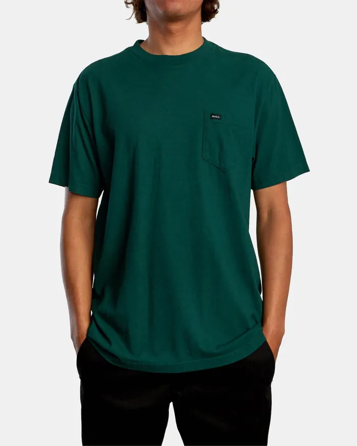 RVCA Mens Short Sleeves Solo Label Pigment Dye Short Sleeve Tee Hunter Green Dgn