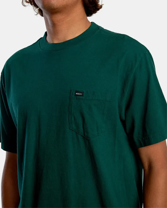RVCA Mens Short Sleeves Solo Label Pigment Dye Short Sleeve Tee Hunter Green Dgn