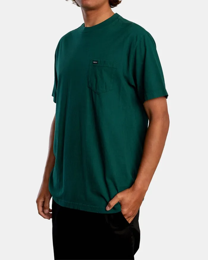RVCA Mens Short Sleeves Solo Label Pigment Dye Short Sleeve Tee Hunter Green Dgn