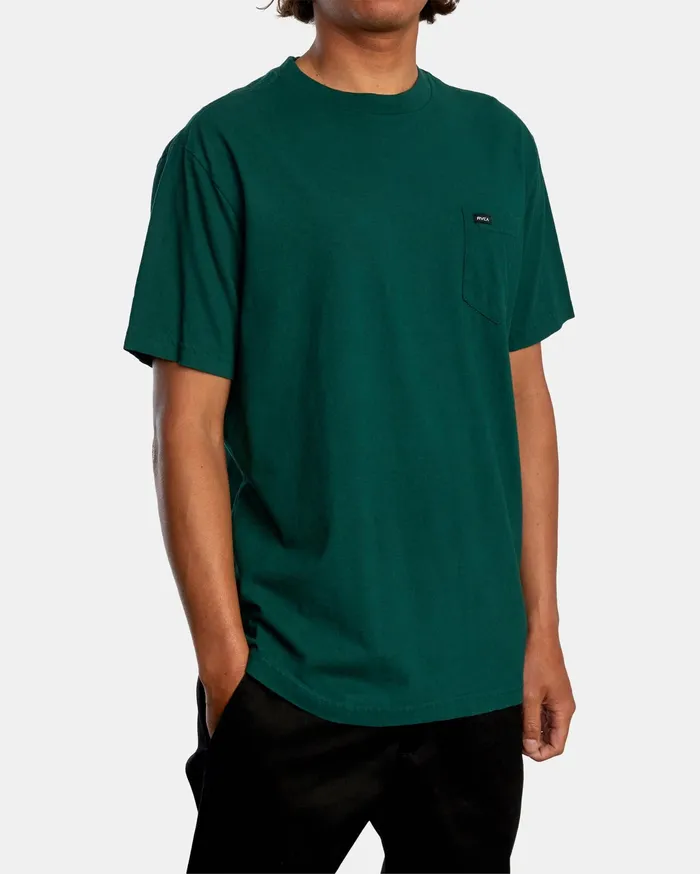 RVCA Mens Short Sleeves Solo Label Pigment Dye Short Sleeve Tee Hunter Green Dgn