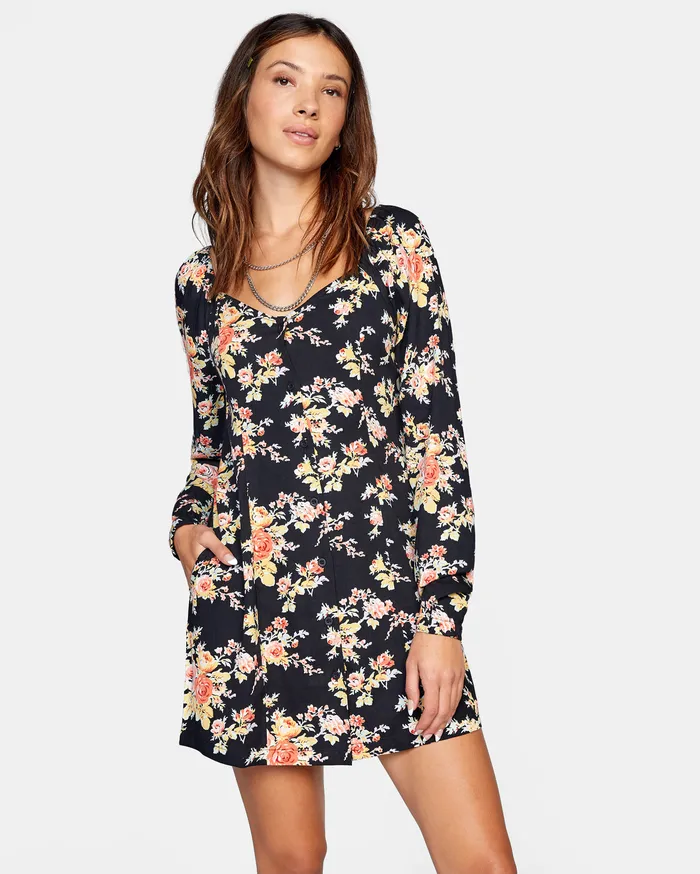 RVCA Womens Dresses First Time Long Sleeve Mini Dress True Black Tub