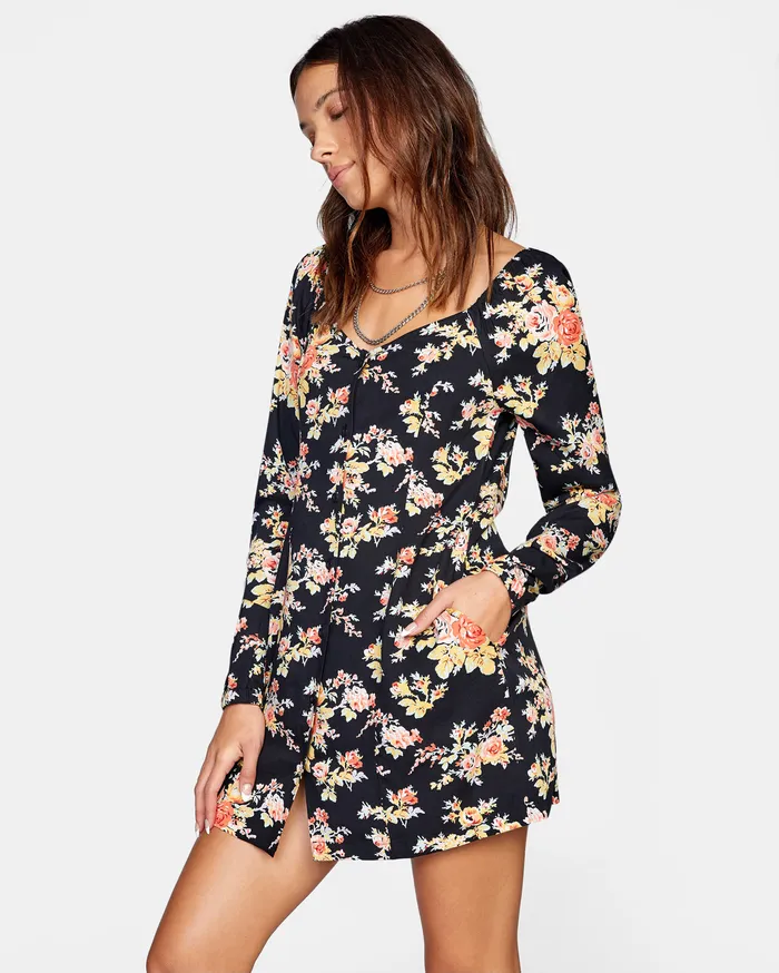 RVCA Womens Dresses First Time Long Sleeve Mini Dress True Black Tub