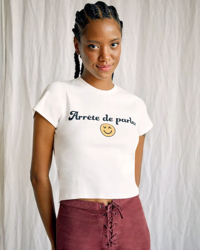 RVCA Womens Graphic Tees Camille Rowe Arrete De Parler TShirt Vintage White Vwt