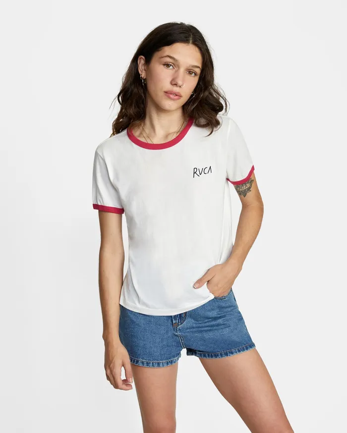 RVCA Womens Graphic Tees Scribble Rvca Short Sleeve Ringer Tee White Wht