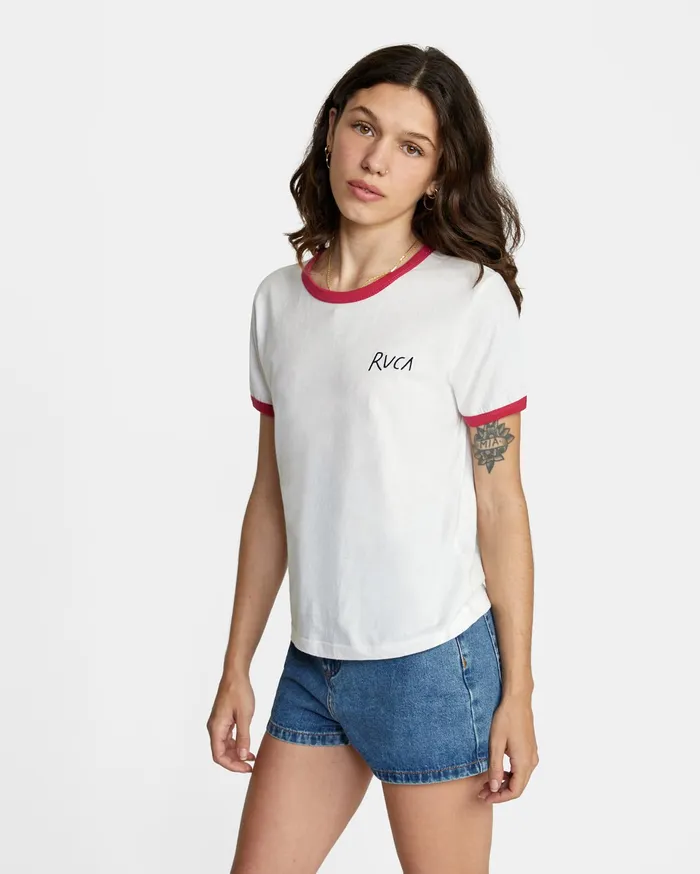 RVCA Womens Graphic Tees Scribble Rvca Short Sleeve Ringer Tee White Wht