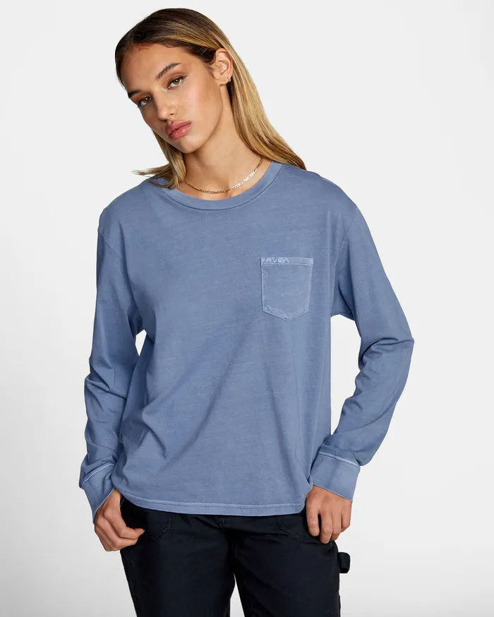 RVCA Womens Graphic Tees Stolen Long Sleeve Tee Blue Slate Blt