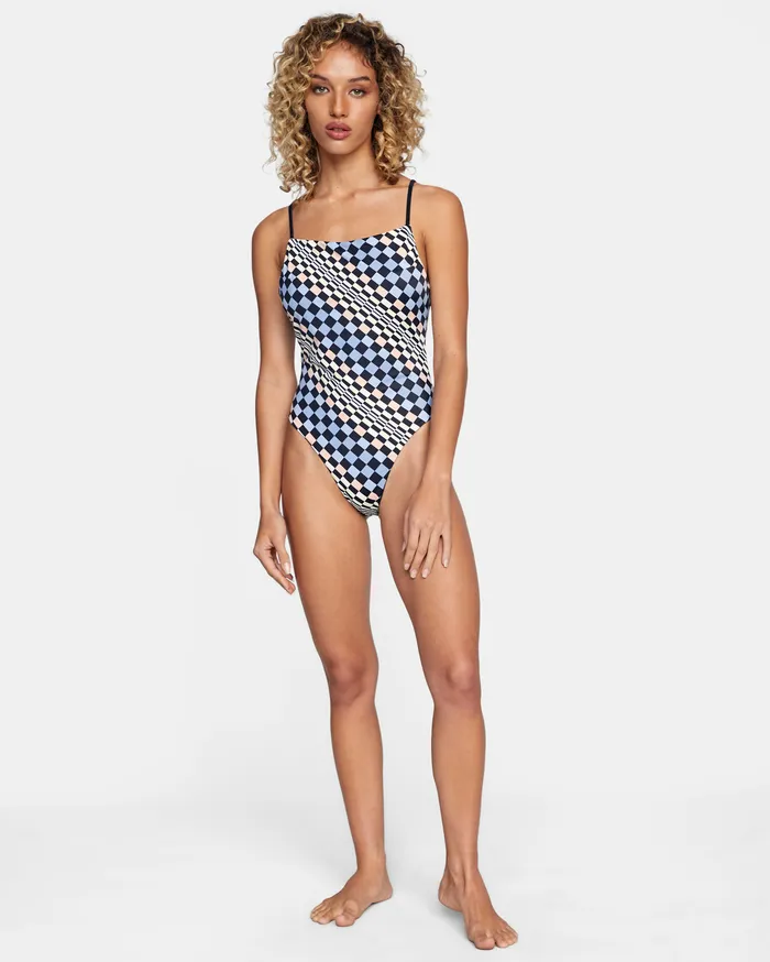 RVCA Womens New Arrivals Flow Check Reversible Cheeky Crisscross One Piece Swimsuit True Black Tub