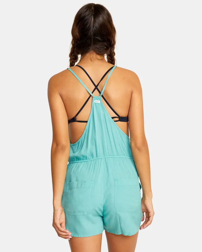 RVCA Womens Swimsuit Cover Ups Laidback Romper Light Teal Lte
