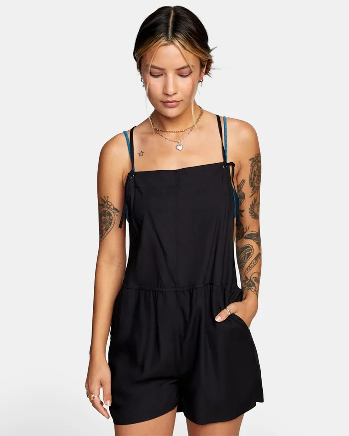 RVCA Womens Swimsuit Cover Ups Laidback Romper True Black Tub