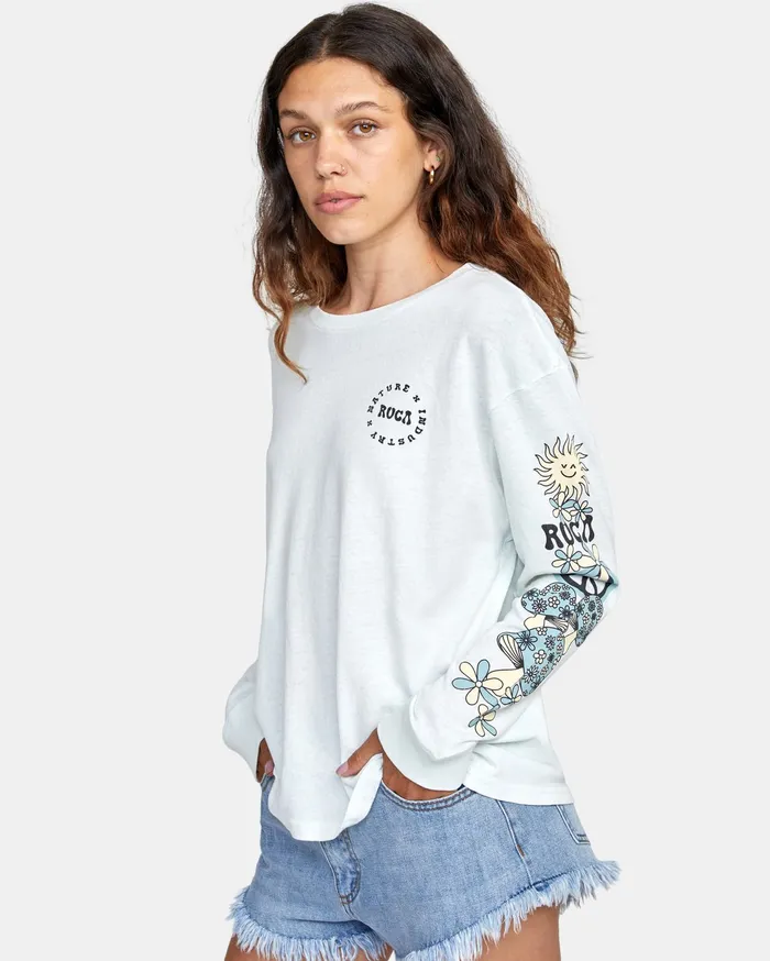 RVCA Womens Tops Peace Long Sleeve Tee Sea Bleach Sbc