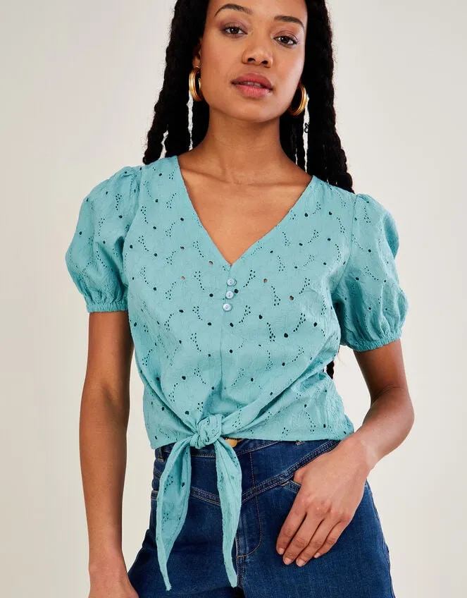 Schiffli Tie Detail Top In Sustainable Cotton Blue Women Monsoon Tops and Blouses