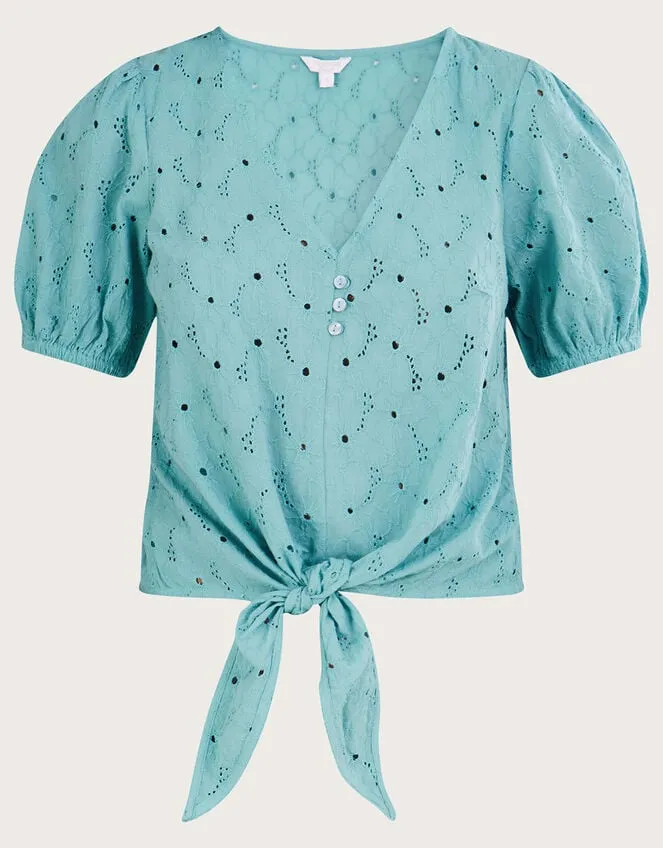 Schiffli Tie Detail Top In Sustainable Cotton Blue Women Monsoon Tops and Blouses