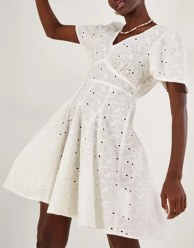 Schiffli VNeck Pleated Short Dress White Women Monsoon Dresses