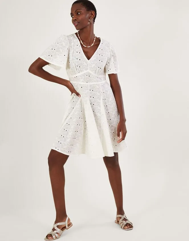 Schiffli VNeck Pleated Short Dress White Women Monsoon Dresses
