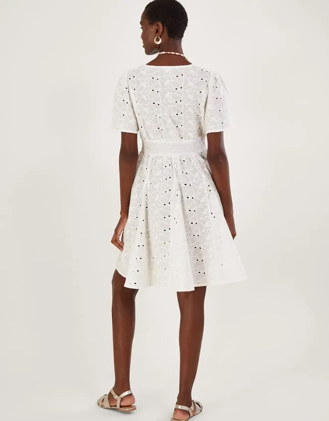 Schiffli VNeck Pleated Short Dress White Women Monsoon Dresses