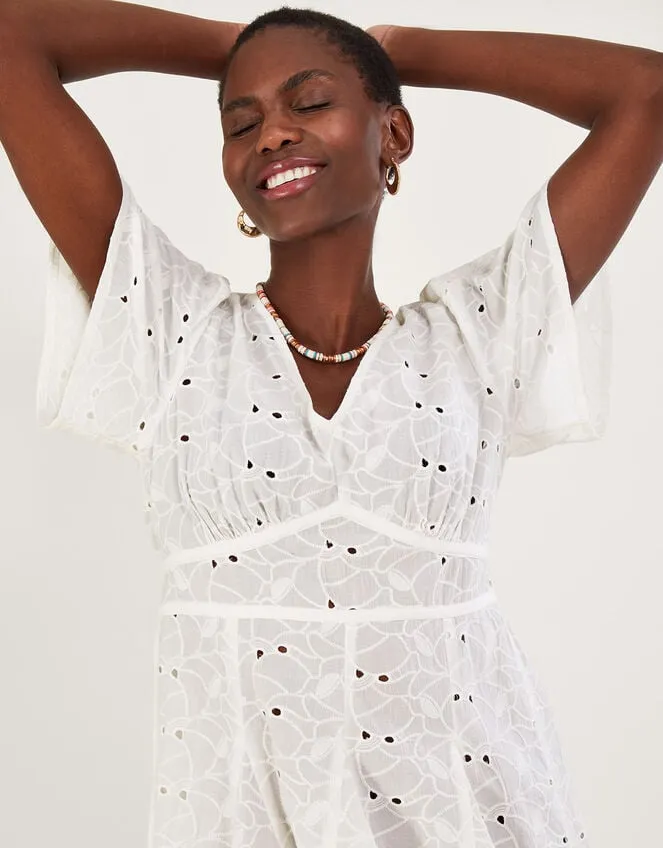 Schiffli VNeck Pleated Short Dress White Women Monsoon Dresses