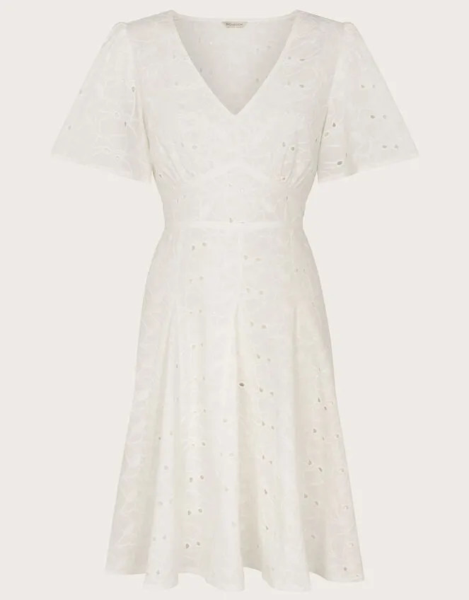 Schiffli VNeck Pleated Short Dress White Women Monsoon Dresses