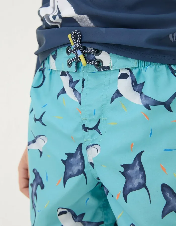 Shark Swim Shorts Aqua Blue Boys FatFace Swim and Beachwear