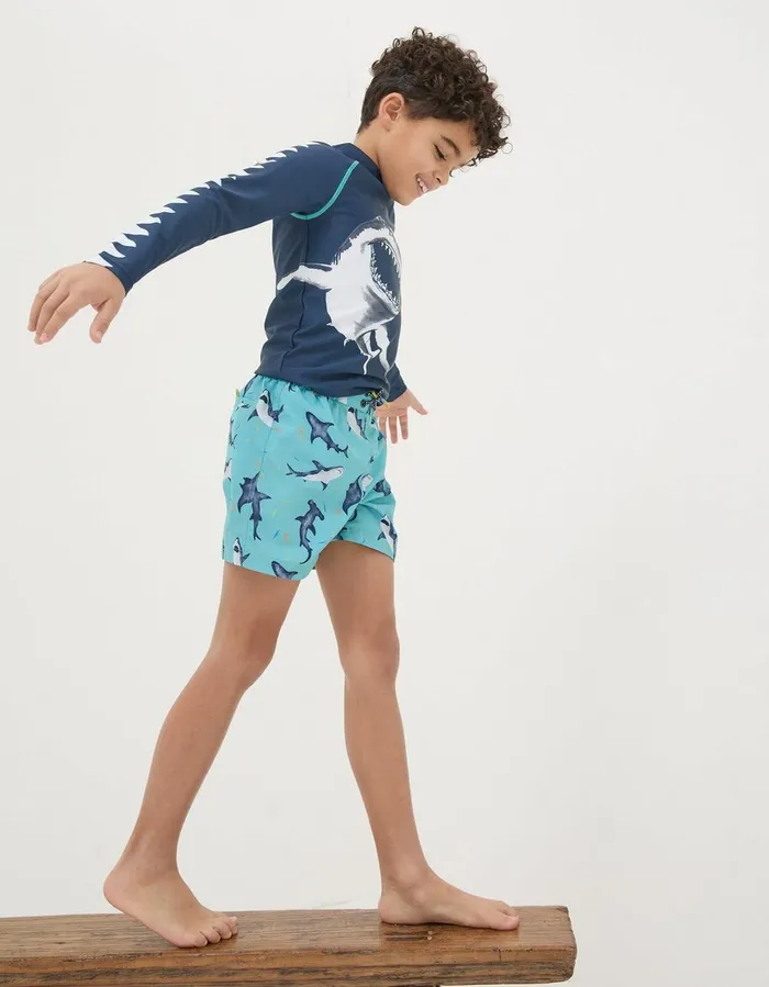 Shark Swim Shorts Aqua Blue Boys FatFace Swim and Beachwear