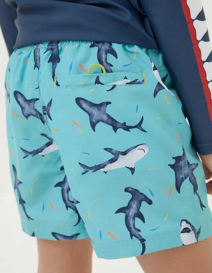 Shark Swim Shorts Aqua Blue Boys FatFace Swim and Beachwear