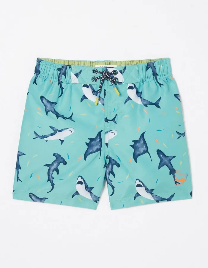 Shark Swim Shorts Aqua Blue Boys FatFace Swim and Beachwear