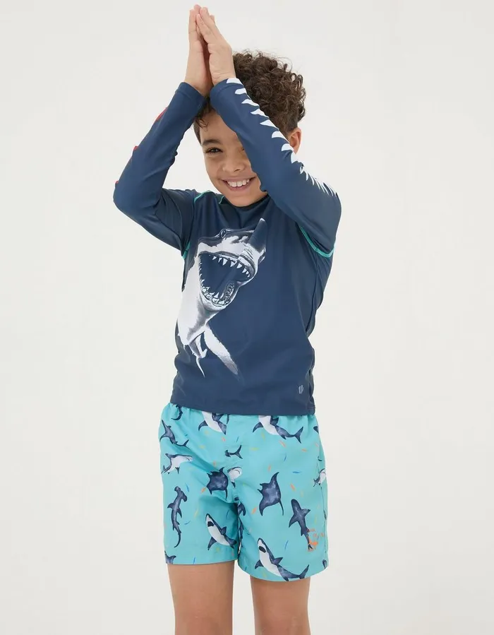 Shark Swim Shorts Aqua Blue Boys FatFace Swim and Beachwear
