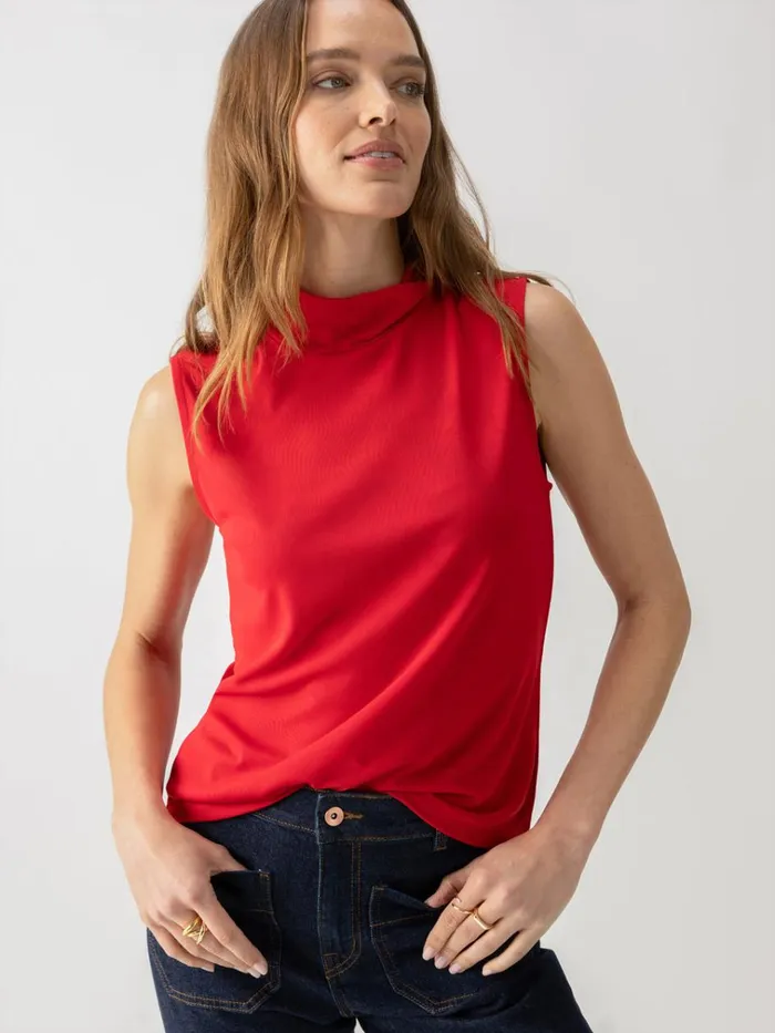 Shirred Neck Mesh Tank Cherry Red Women Sanctuary Clothing Tees and Tops