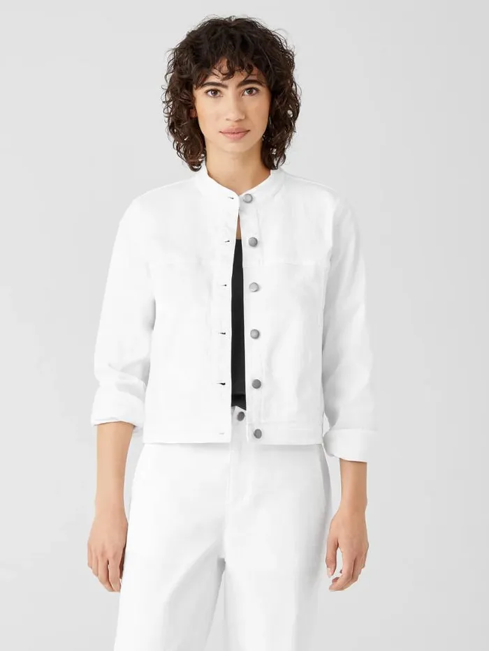 Shop Eileen Fisher Denim Organic Cotton Denim Stand Collar Jacket White