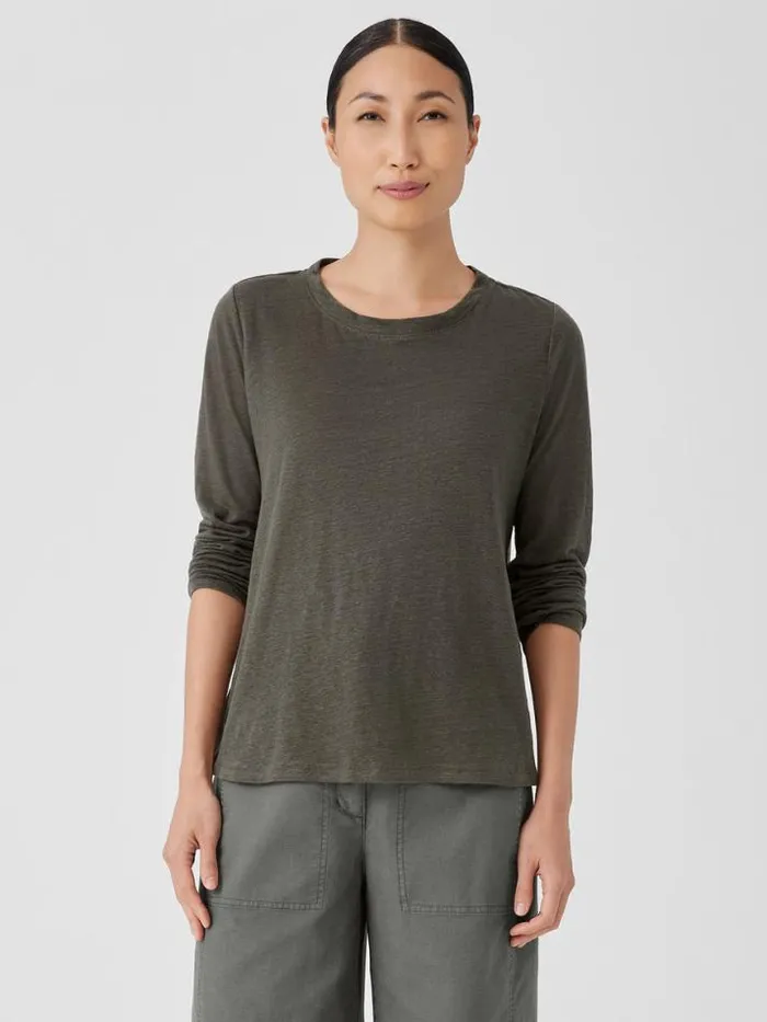 Shop Eileen Fisher Denim Organic Linen Jersey Crew Neck Top Grove