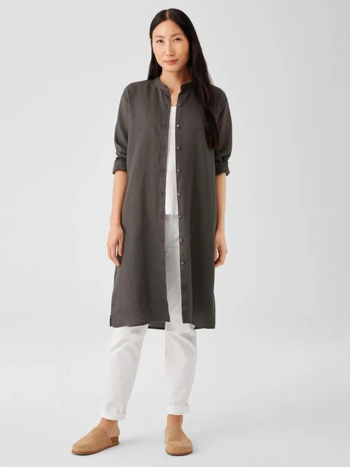 Shop Eileen Fisher Extended Sizing 1X3X Organic Linen Band Collar Shirtdress Grove