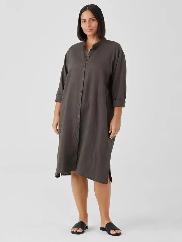 Shop Eileen Fisher Extended Sizing 1X3X Organic Linen Band Collar Shirtdress Grove