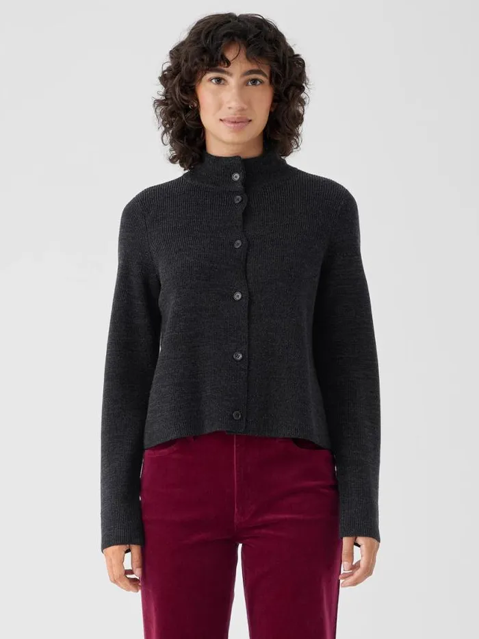 Shop Eileen Fisher Extended Sizing 1X3X Twisted Merino Cardigan In Regenerative Wool Blackcharcoal