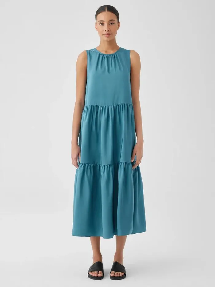 Shop Eileen Fisher Extended Sizing 1X3X Washed Silk Tiered Dress River